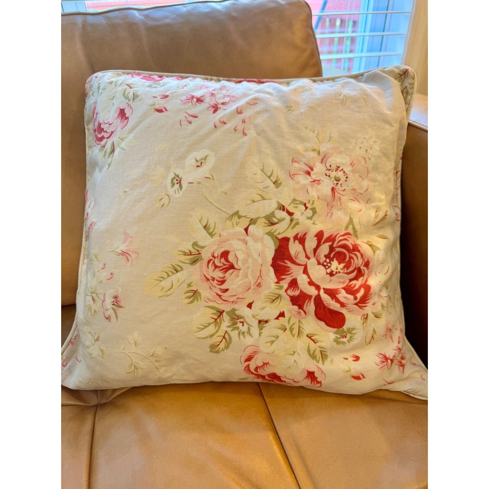Pottery Barn Set 2 Floral Rose Peony Linen Cotton Pillow Covers 18x18 Cream Red - Picture 11 of 11
